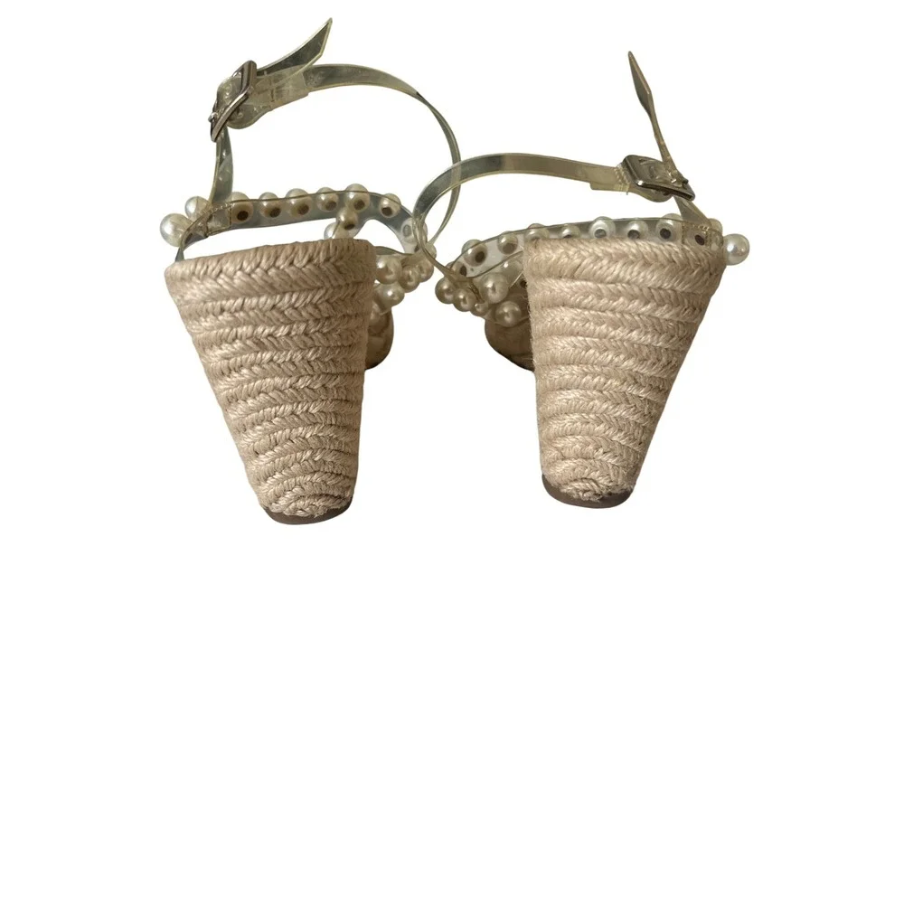 Steve Madden Pearl Embellished Clear Strap Espadrille Wedge Sandals Tan Womens 8